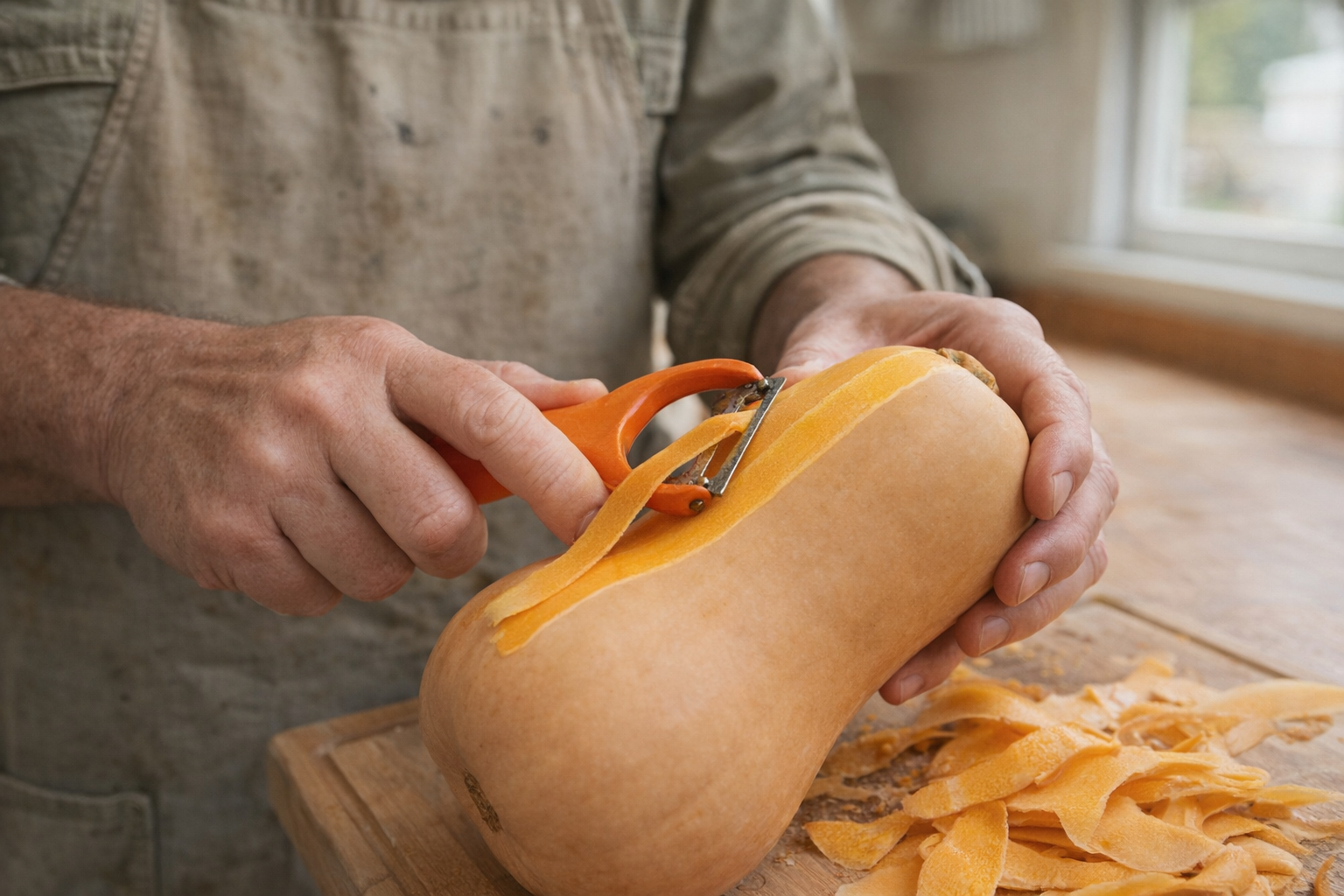 A close-up shot of a chef's hands peeling a butternut squash with a vegetable peeler, bright kitchen lighting